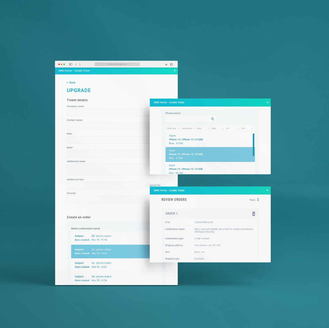 User interface of DMS Forms ticket creation showing upgrade ticket details, phone search for iPhone 13 models, and order review with shipping and contract information.
