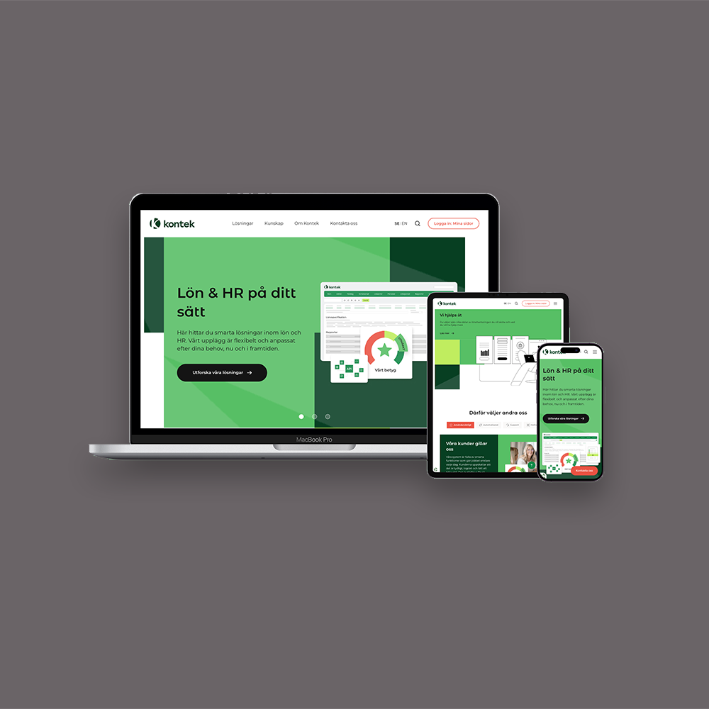 Kontek website displayed on a MacBook Pro, a tablet, and a smartphone showing payroll and HR solutions with green theme.