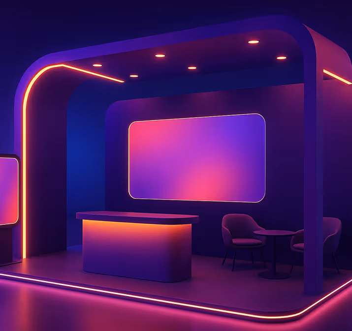 Curved trade show booth with LED edge lighting, a reception counter and a lounge corner