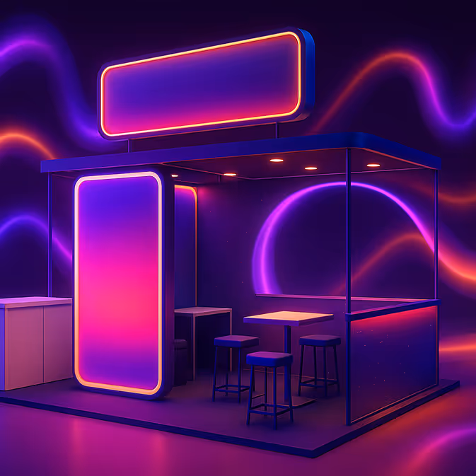 Illuminated trade show booth with a lighted header sign and a lounge seating area
