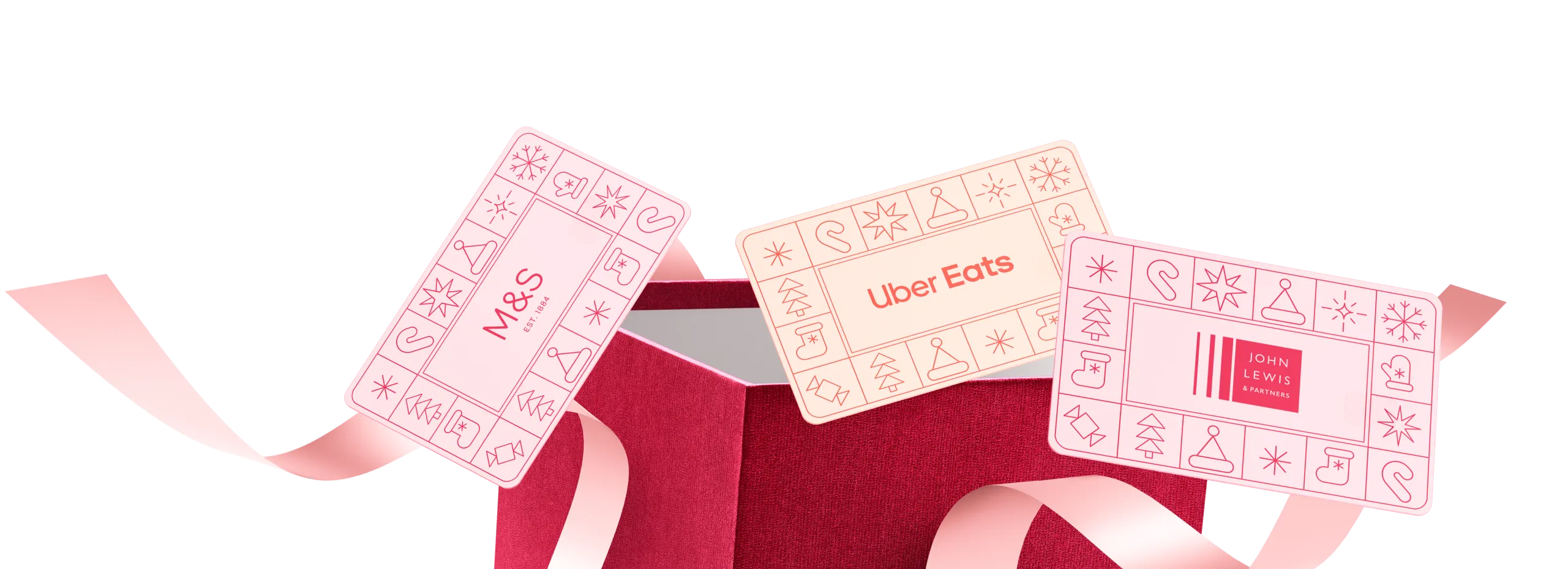 a pink and white gift cards with a ribbon