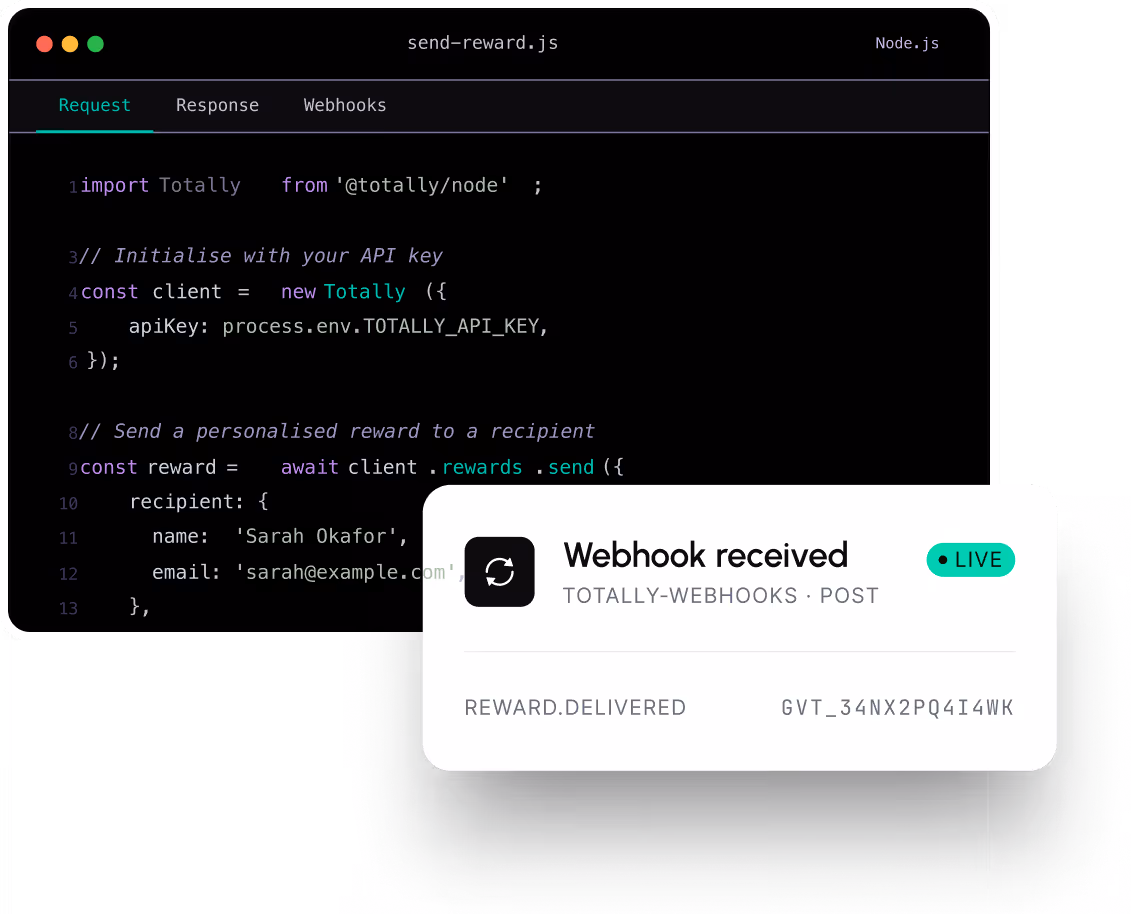 Code editor showing Node.js script to send a personalized reward using Totally API.