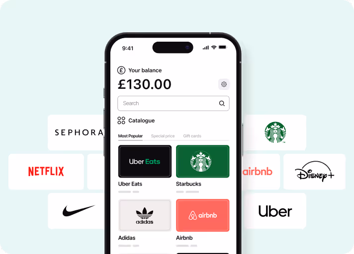 Smartphone screen displaying a digital wallet with £130.00 balance and a catalogue featuring popular brands.