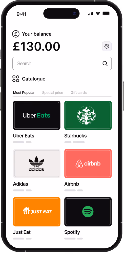 Mobile app screen showing a user balance of £130.00 and a catalogue with popular brands.