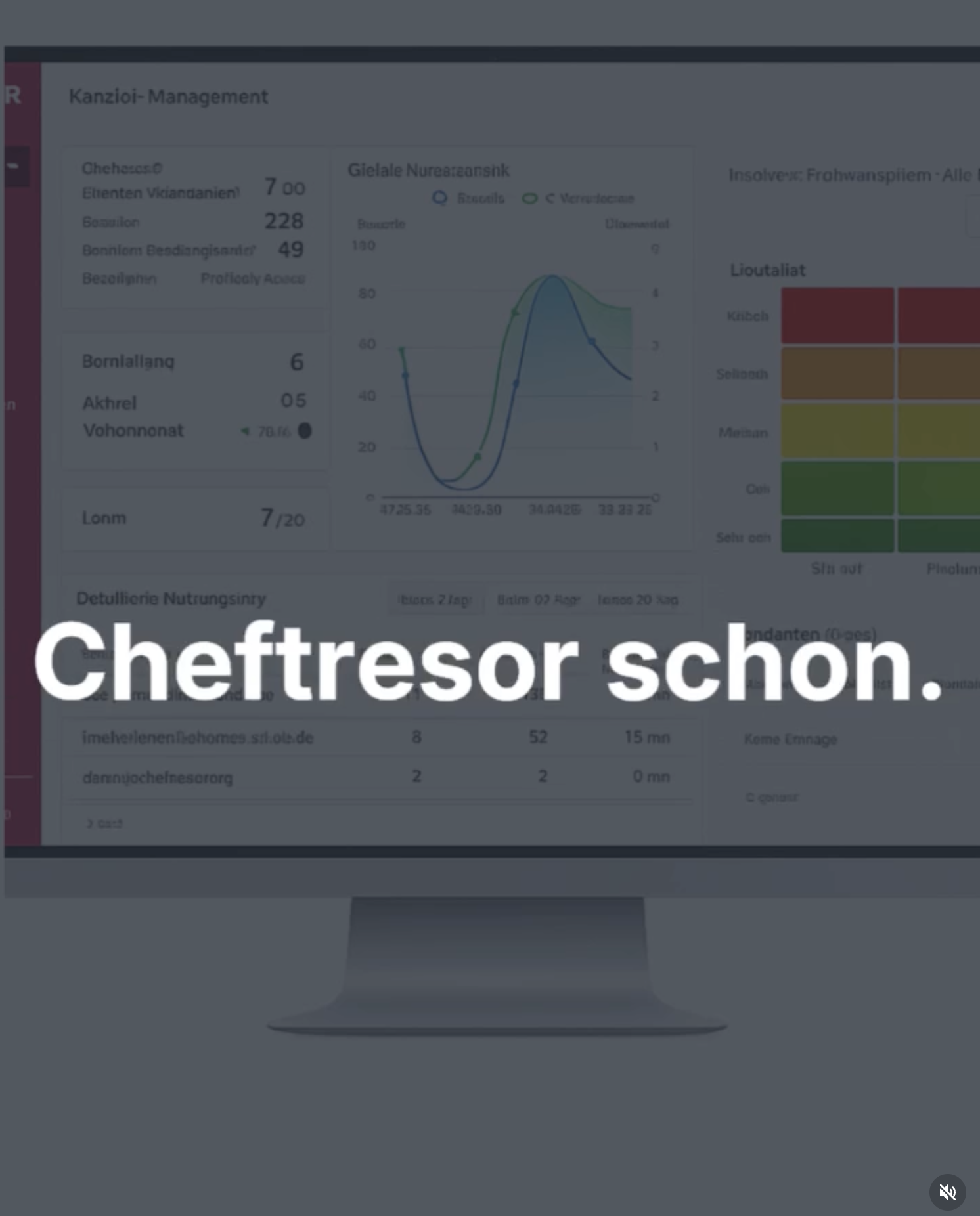 Computerbildschirm zeigt Management-Dashboard mit Diagrammen und Text „Cheftresor schon.“