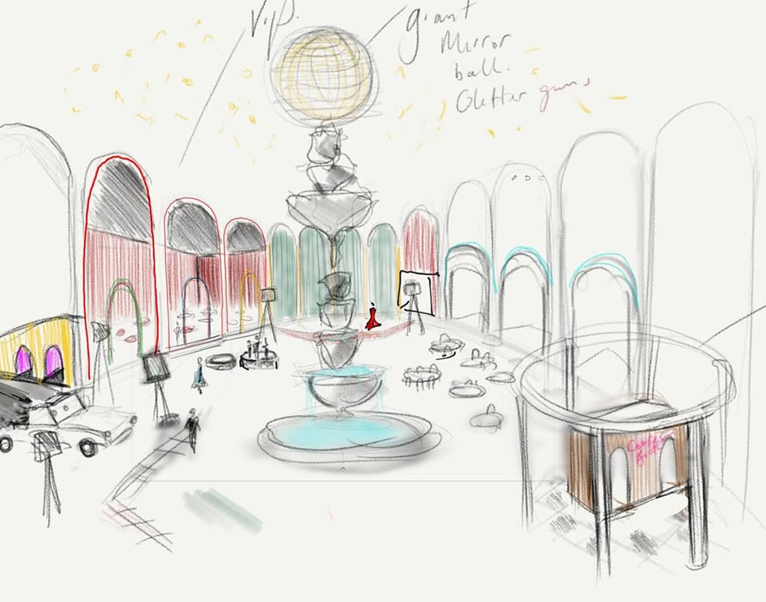 Sketch of a large, open indoor space with tall arched doorways and windows, a central tiered water fountain with blue water, scattered tables and chairs, several easels or stands, small drawn human figures, and a giant mirror ball hanging above the fountain with handwritten notes indicating "giant Mirror ball" and "Glitter guns."