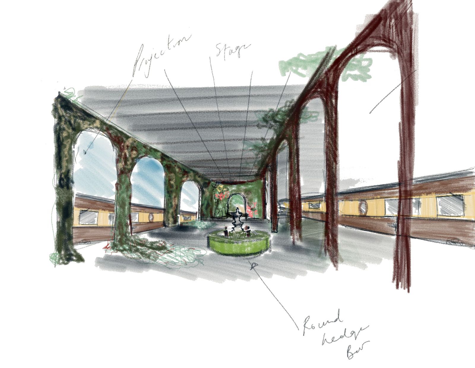 Hand-drawn architectural sketch of a covered outdoor space with arches covered in greenery, a stage at the far end, projection on the left side, and a circular hedge bar with a fountain in the center.