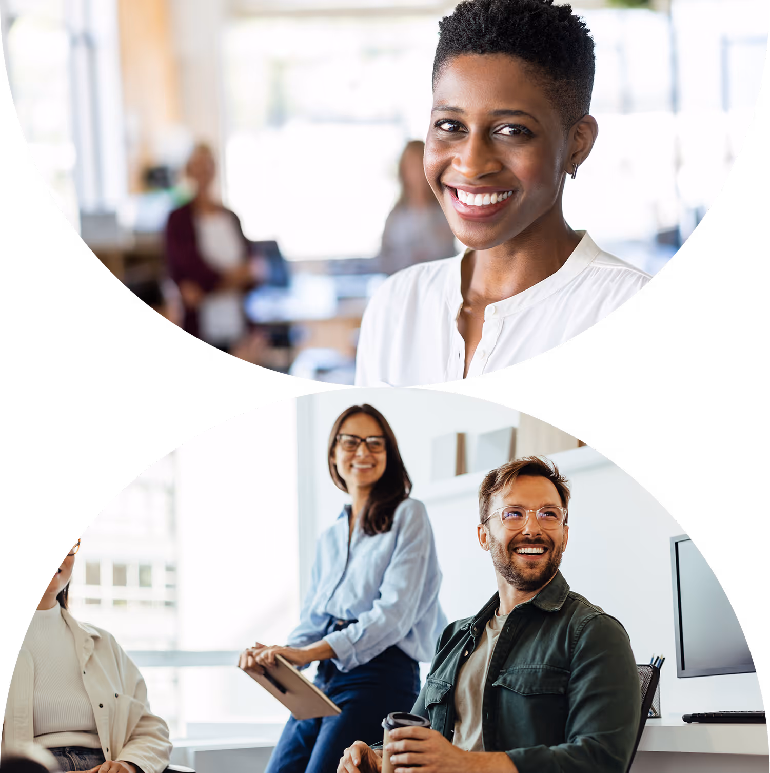 Smiling businesswoman in white blouse and a group of three colleagues, two women and one man, casually collaborating in a bright office.