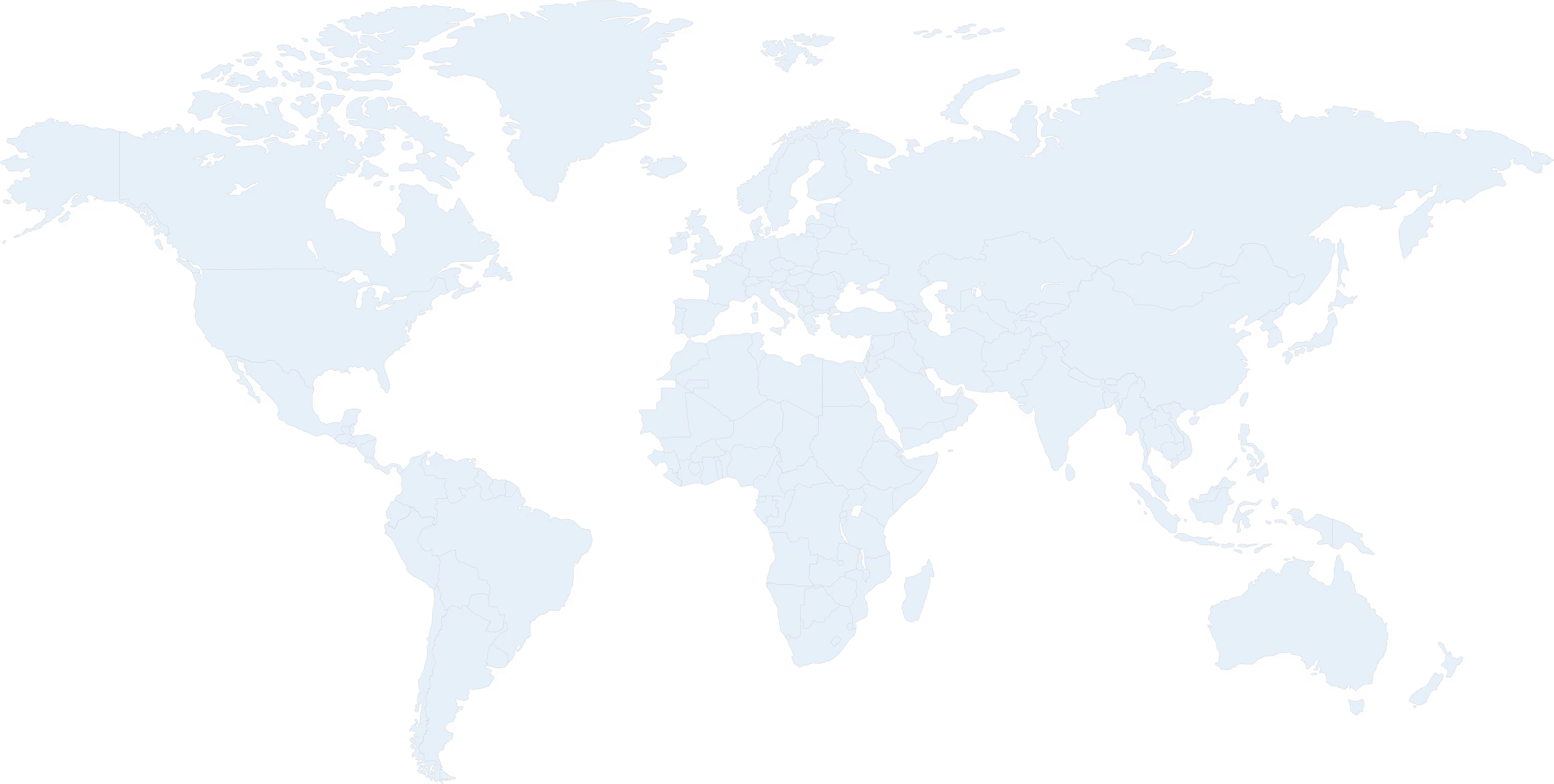 World map showing all continents and countries outlined in light blue on a black background.