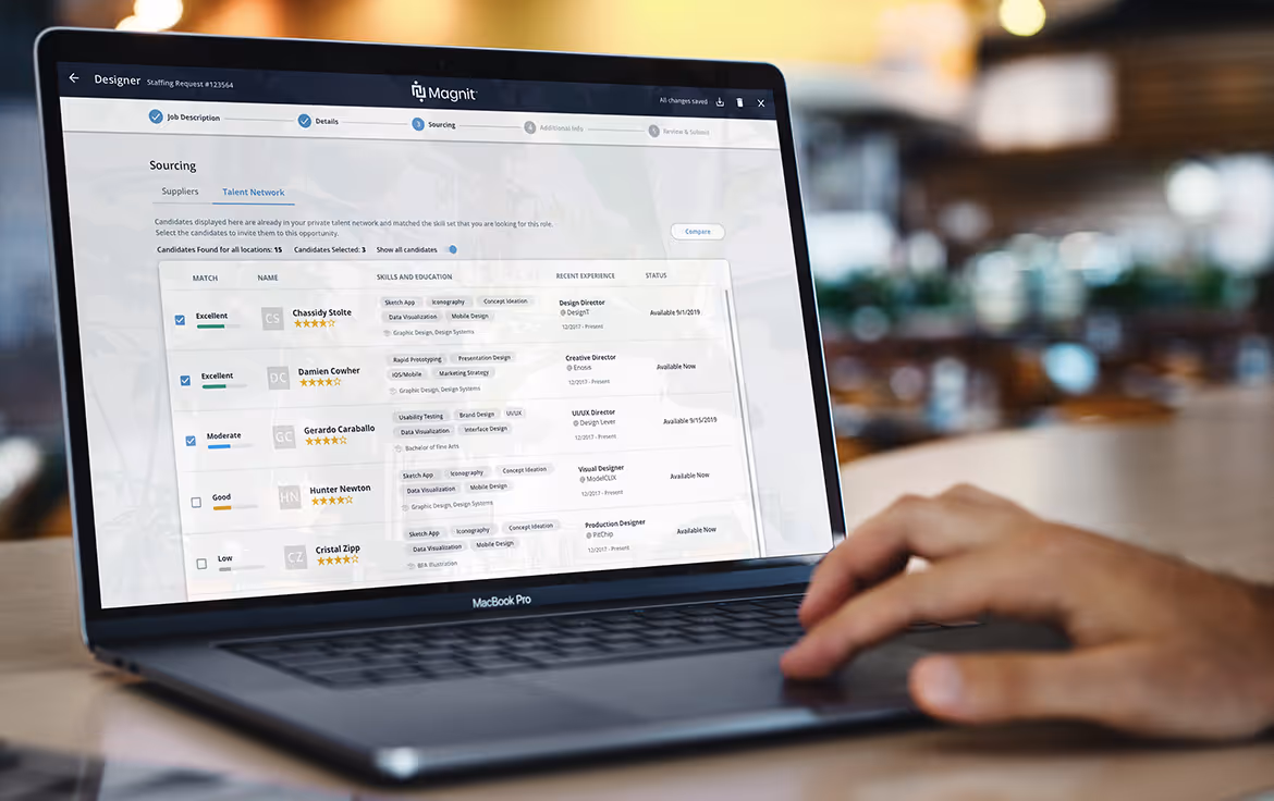 Person using a MacBook Pro displaying a Magnit software interface showing a talent sourcing network with candidate match ratings and profiles.