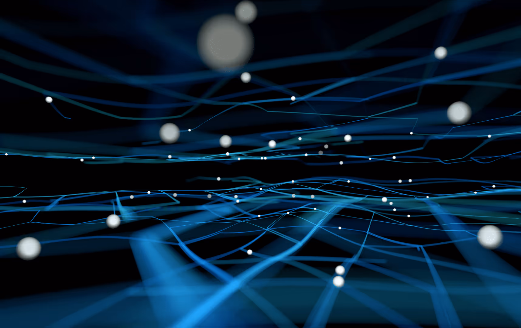 Blue digital network lines with glowing white nodes on a black background.