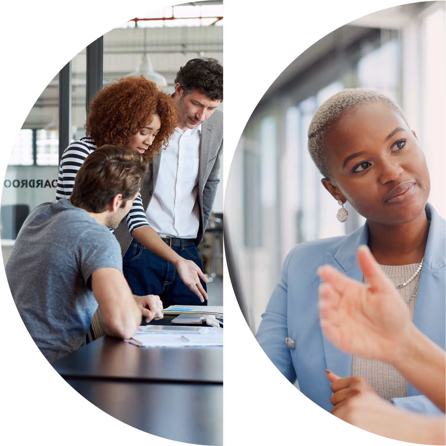 Two groups of professionals engaged in discussions in a modern office environment.