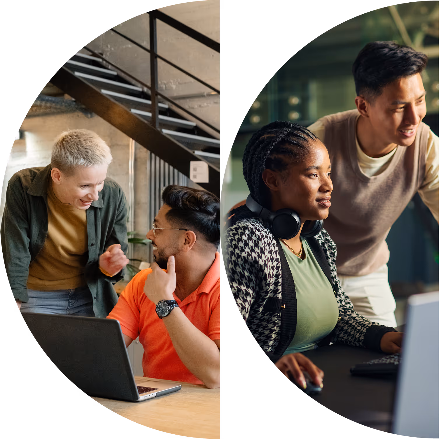 Two pairs of colleagues collaborating, one pair discusses at a laptop in a modern office, another pair works together smiling at a computer.