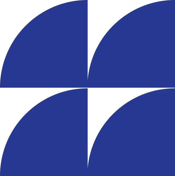 Abstract geometric design with four blue quarter circles arranged in a symmetrical pattern forming a cross shape on a black background.