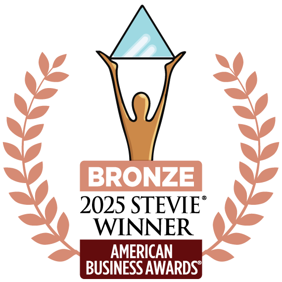 Bronze winner trophy icon with a stylized figure holding a blue triangular award, flanked by bronze laurel branches, labeled American Business Awards.