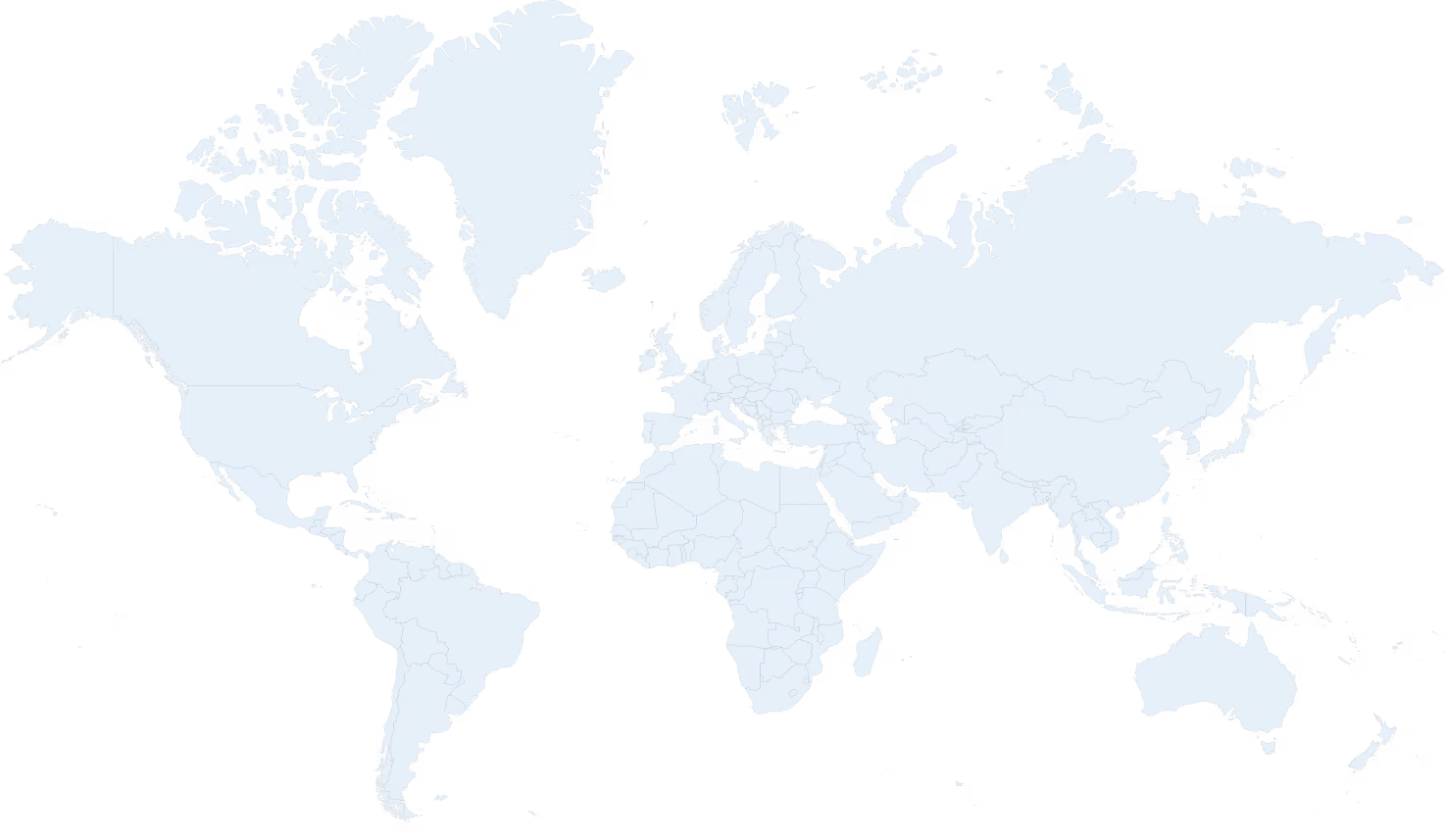 World map with country borders highlighted in light blue on a black background.