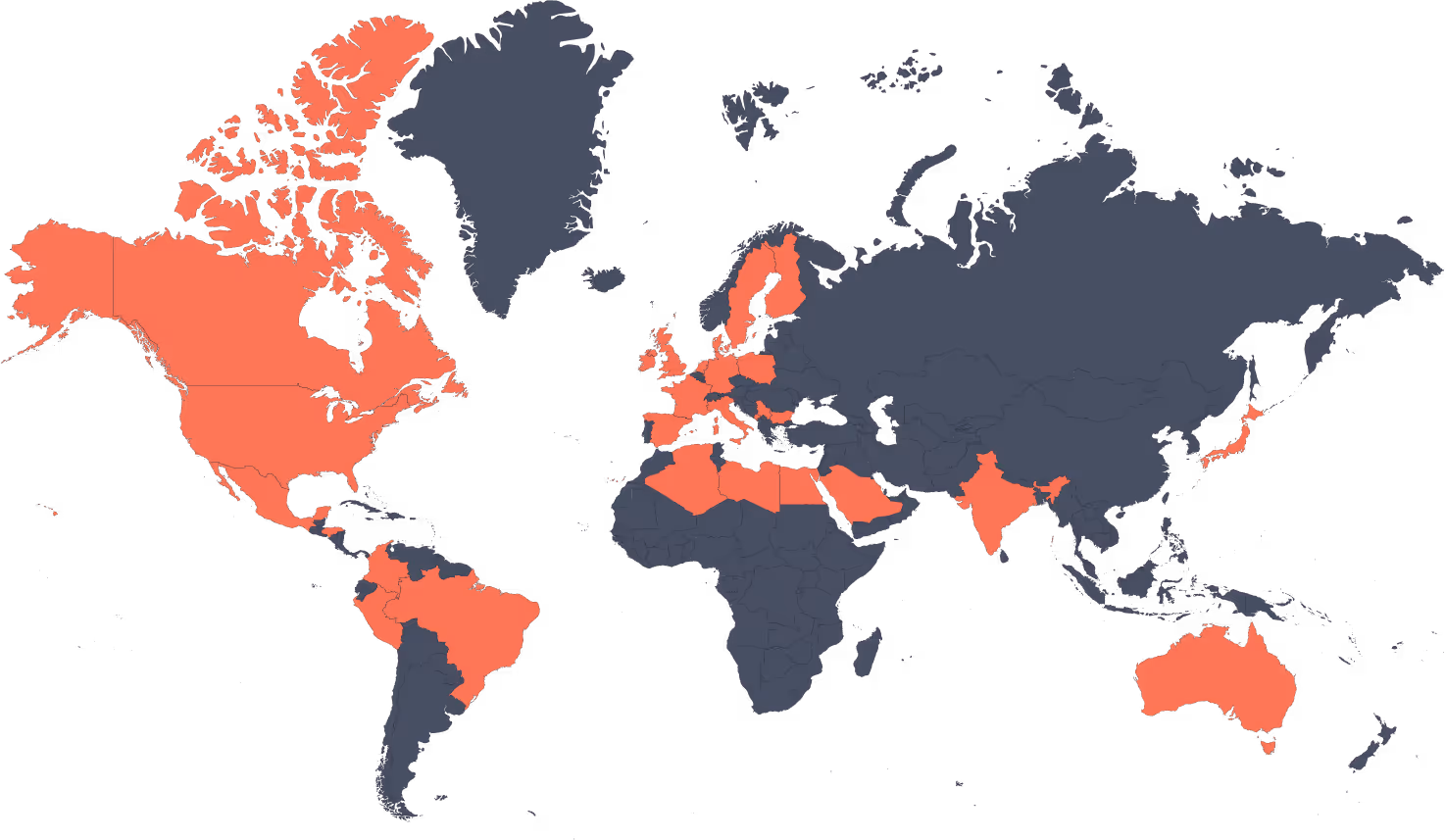 World map highlighting countries in North America, parts of South America, Europe, North Africa, Middle East, India, Japan, and Australia in orange.