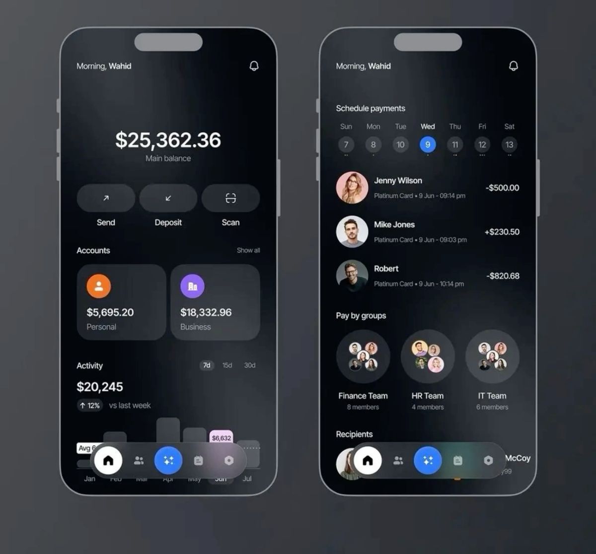 Two smartphone screens showing a dark-themed finance app with account balances, transaction activity, and scheduled payments by contacts and groups.
