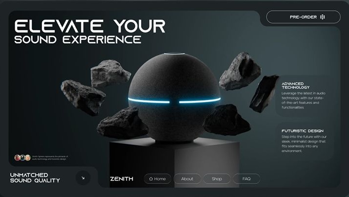 Futuristic spherical speaker named Zenith with glowing blue light band, floating rocks, and text promoting advanced technology and unmatched sound quality.