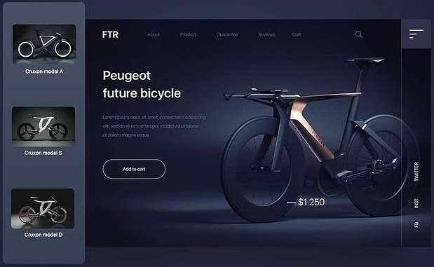 Dark-themed webpage showcasing a futuristic Peugeot bicycle priced at $1,250 with model selection thumbnails on the left and navigation menu on top.