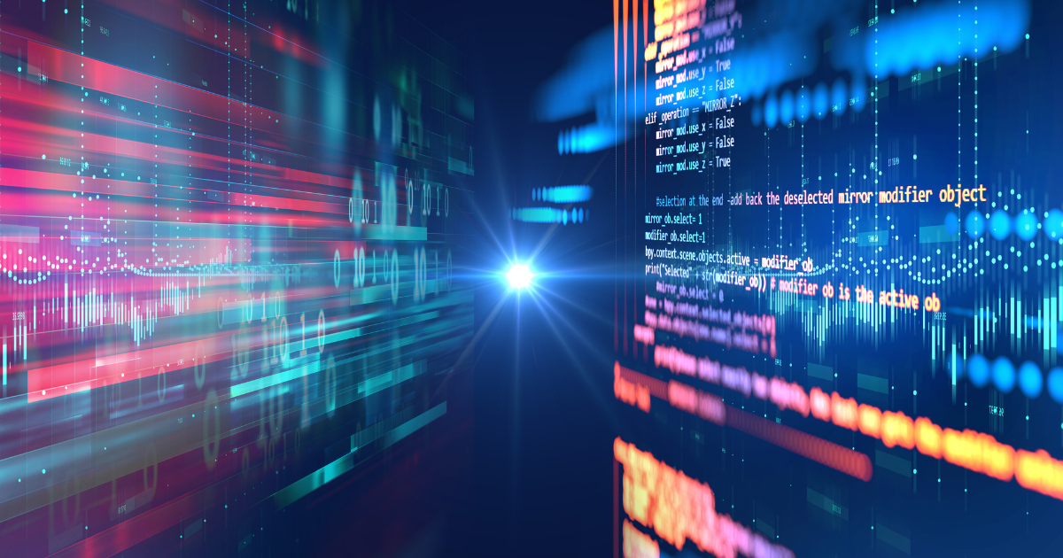 Digital abstract background with glowing data streams, binary code, and programming text fading into the distance.