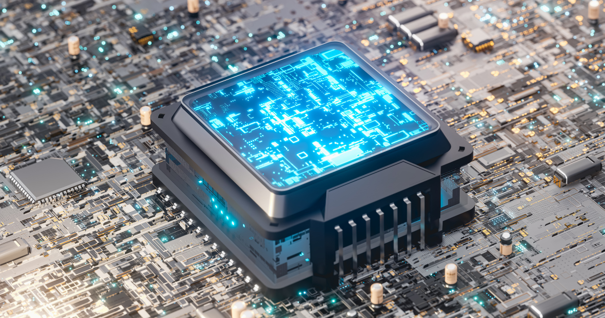 Close-up of a futuristic computer chip with glowing blue circuitry on a circuit board.