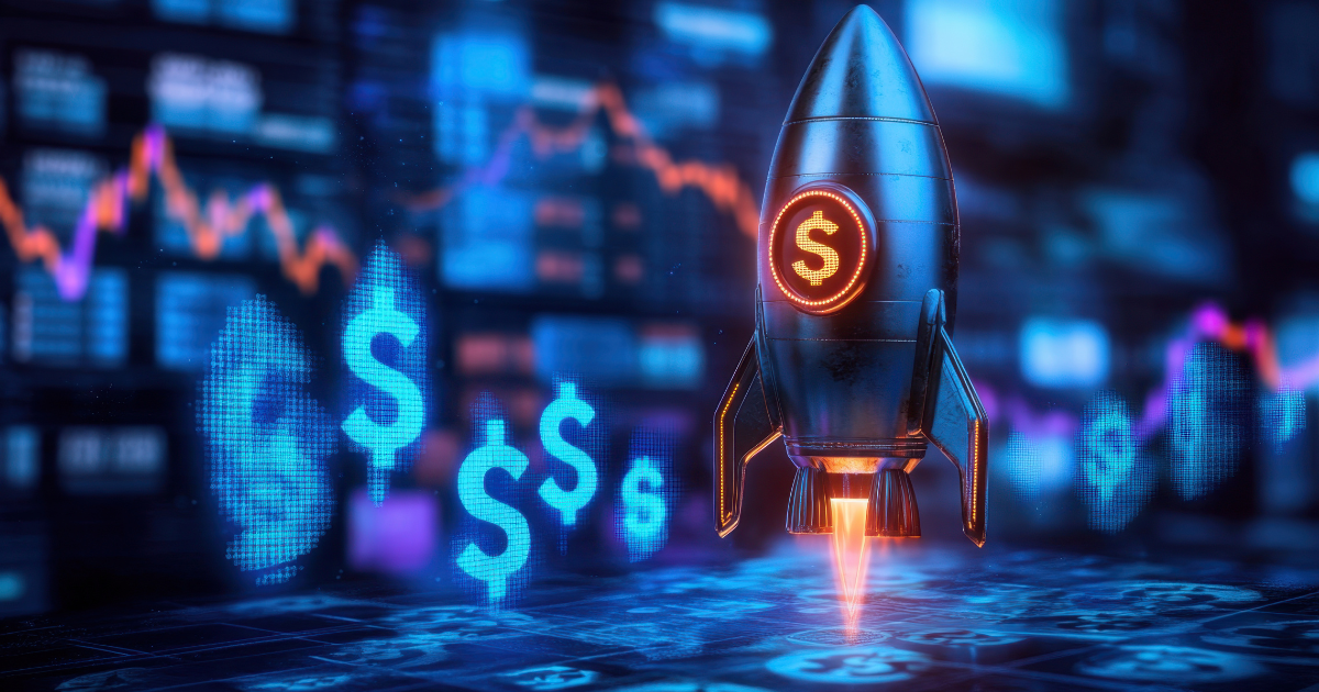 Rocket with a glowing dollar sign launching amid floating digital dollar symbols and stock market graphs.