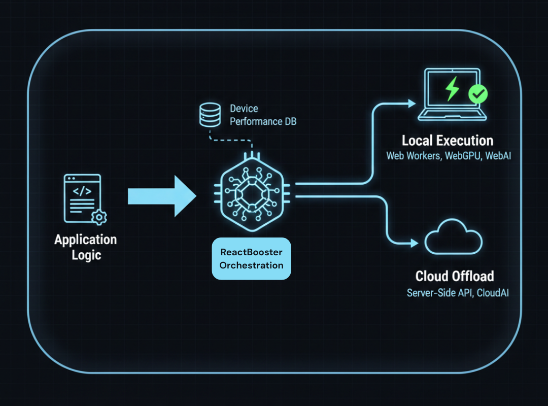 Diagram showing ReactBooster Engine at center connecting lightweight mobile workload, optimized tablet stream, balanced laptop workload, and full-resolution 4K stream.