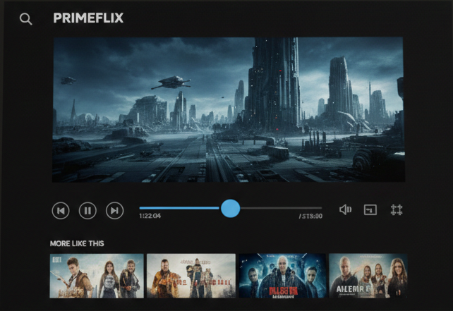 PrimeFlix interface showing a paused futuristic cityscape video with playback controls and thumbnails of similar movies below.