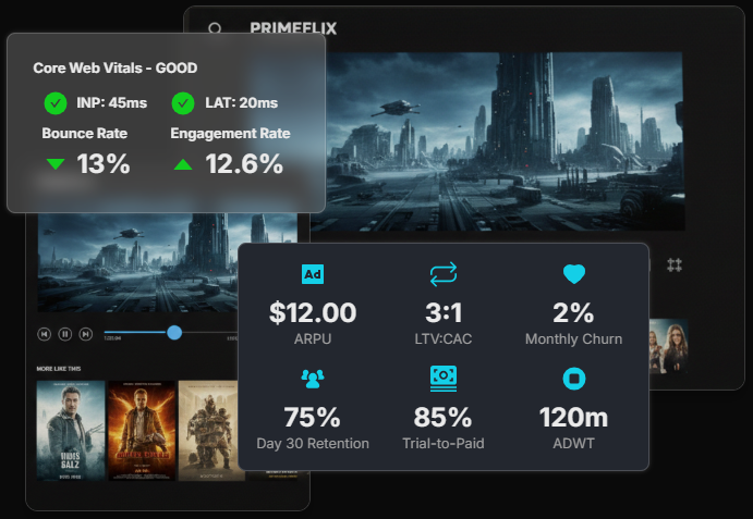Dashboard overlay showing Core Web Vitals metrics and customer engagement statistics over a futuristic cityscape video on a streaming platform named Primeflix.