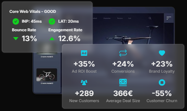 Two translucent panels showing web performance and advertising metrics with green and blue icons and text over a blurred background of a bicycle and a laptop screen.
