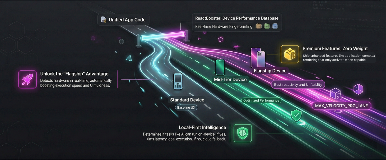 Graphic illustrating different device types on parallel digital lanes highlighting unified app code, device performance database, local AI intelligence, and premium features for flagship devices.