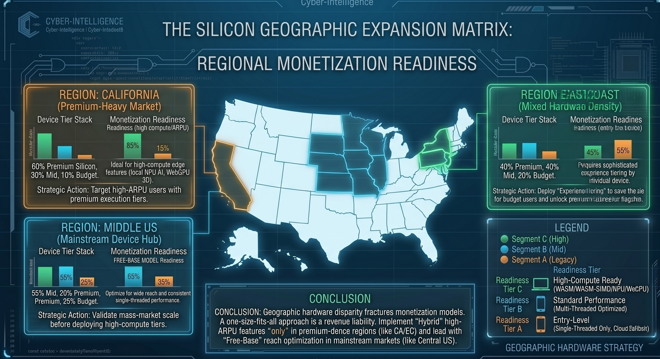 US map highlighting California, Middle US, and East Coast regions with device tier stacks and monetization readiness details for geographic hardware strategy.