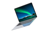 Silver laptop floating with screen showing northern lights over water.