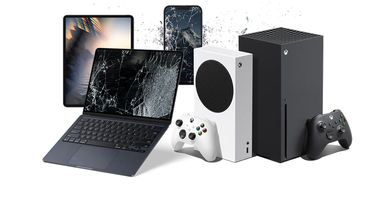 Collection of broken electronic devices including a cracked laptop screen, shattered smartphone screen, and two Xbox consoles with controllers.