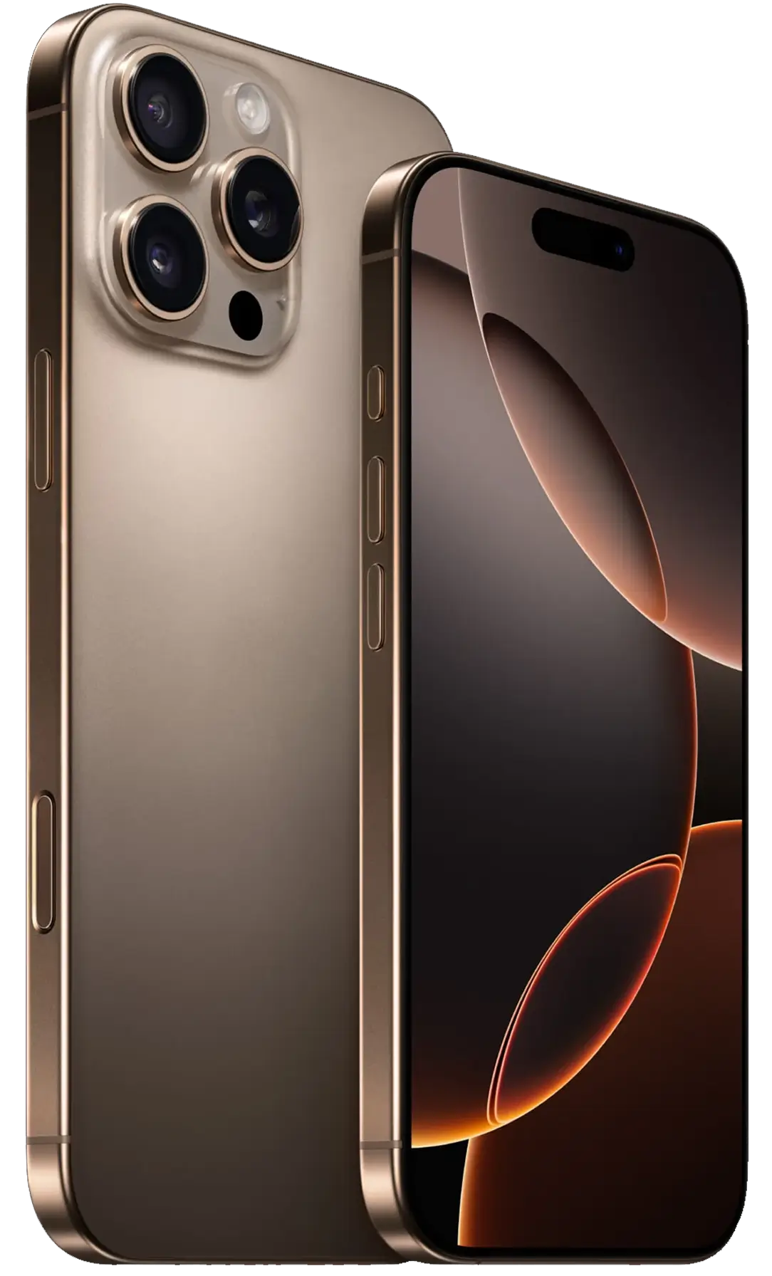 Two gold-toned smartphones on a light background; one shows a dark lock screen with curved bronze lines, the other shows the triple-camera back.