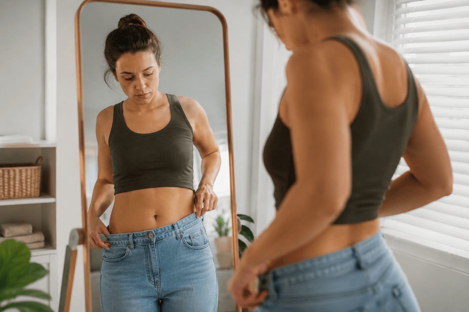 Woman reviewing weight loss progress while learning about body contouring options in Dallas, Texas to improve body shape and muscle definition.