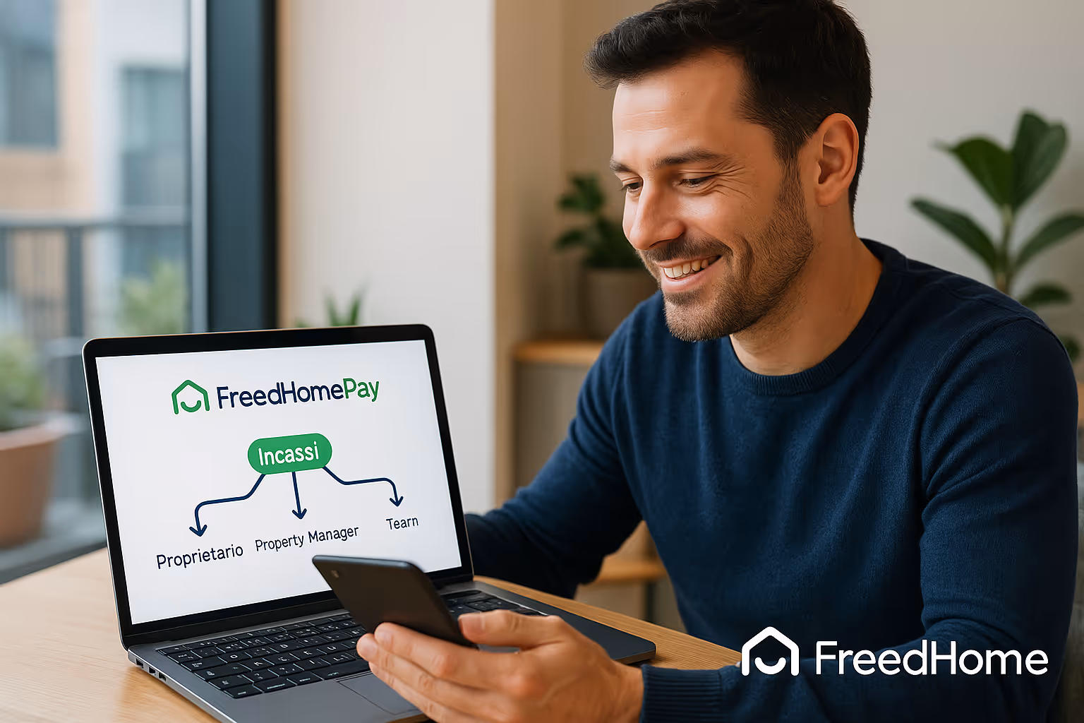 Man looking at devices, freedhomepay
