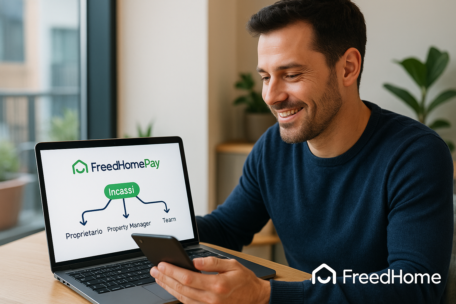 Man looking at devices, freedhomepay