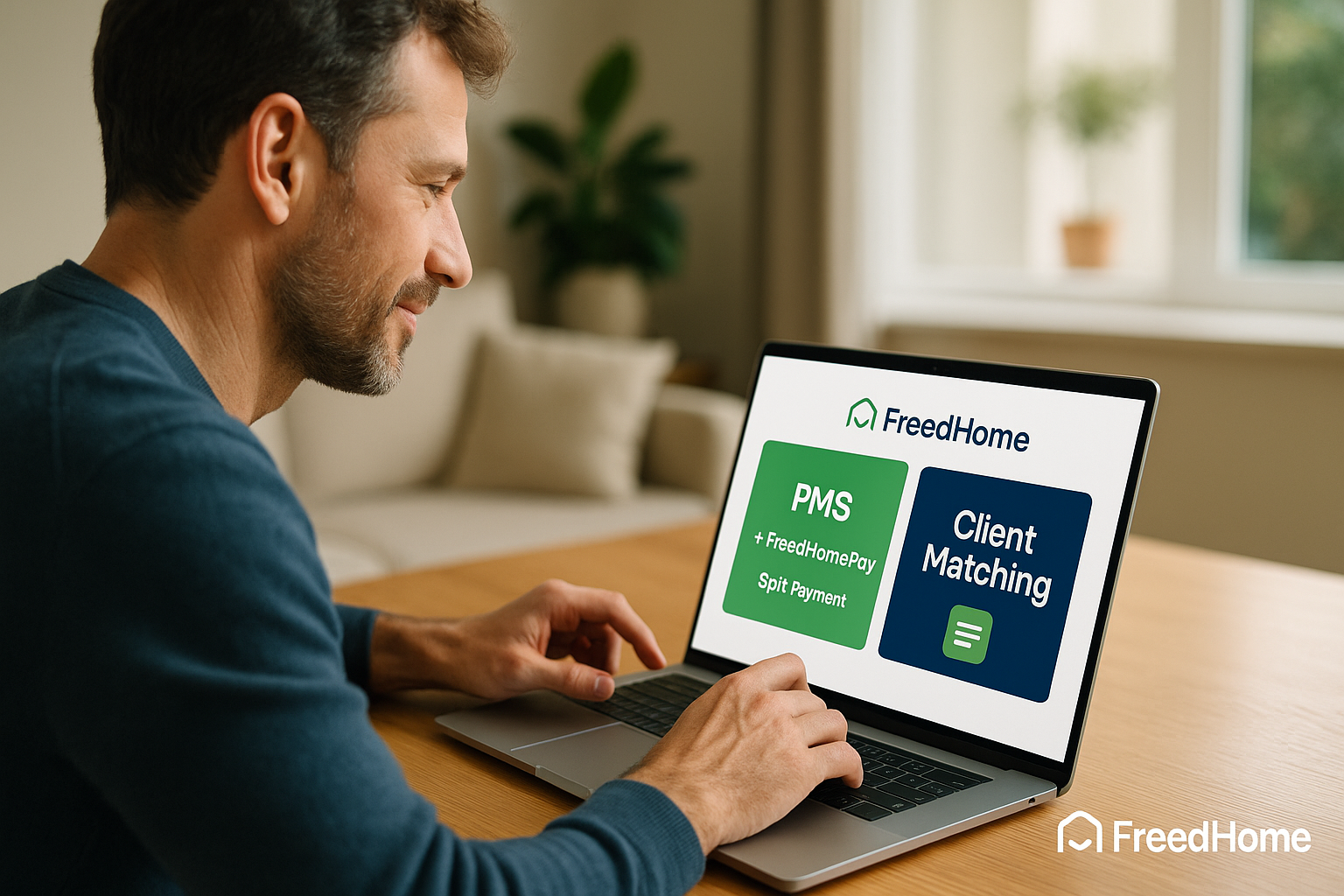 Man looking at Laptop with FreedHome plans