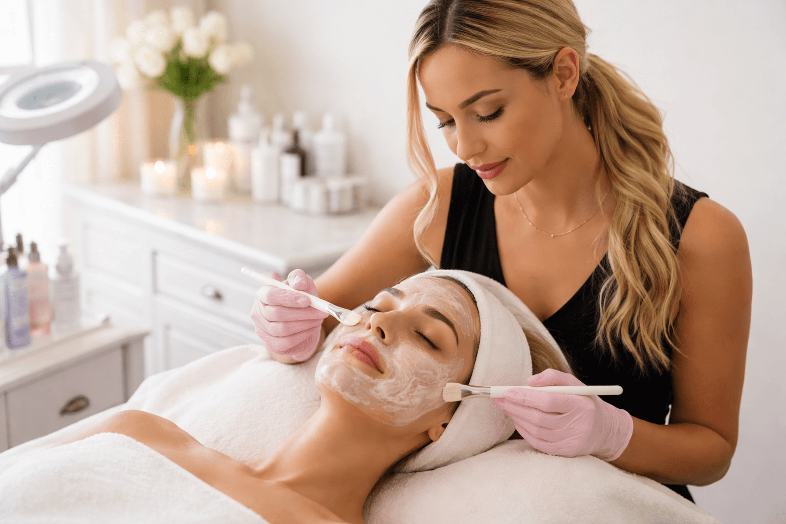 Licensed esthetician performing a customized facial treatment in Winter Park, Florida skincare studio.