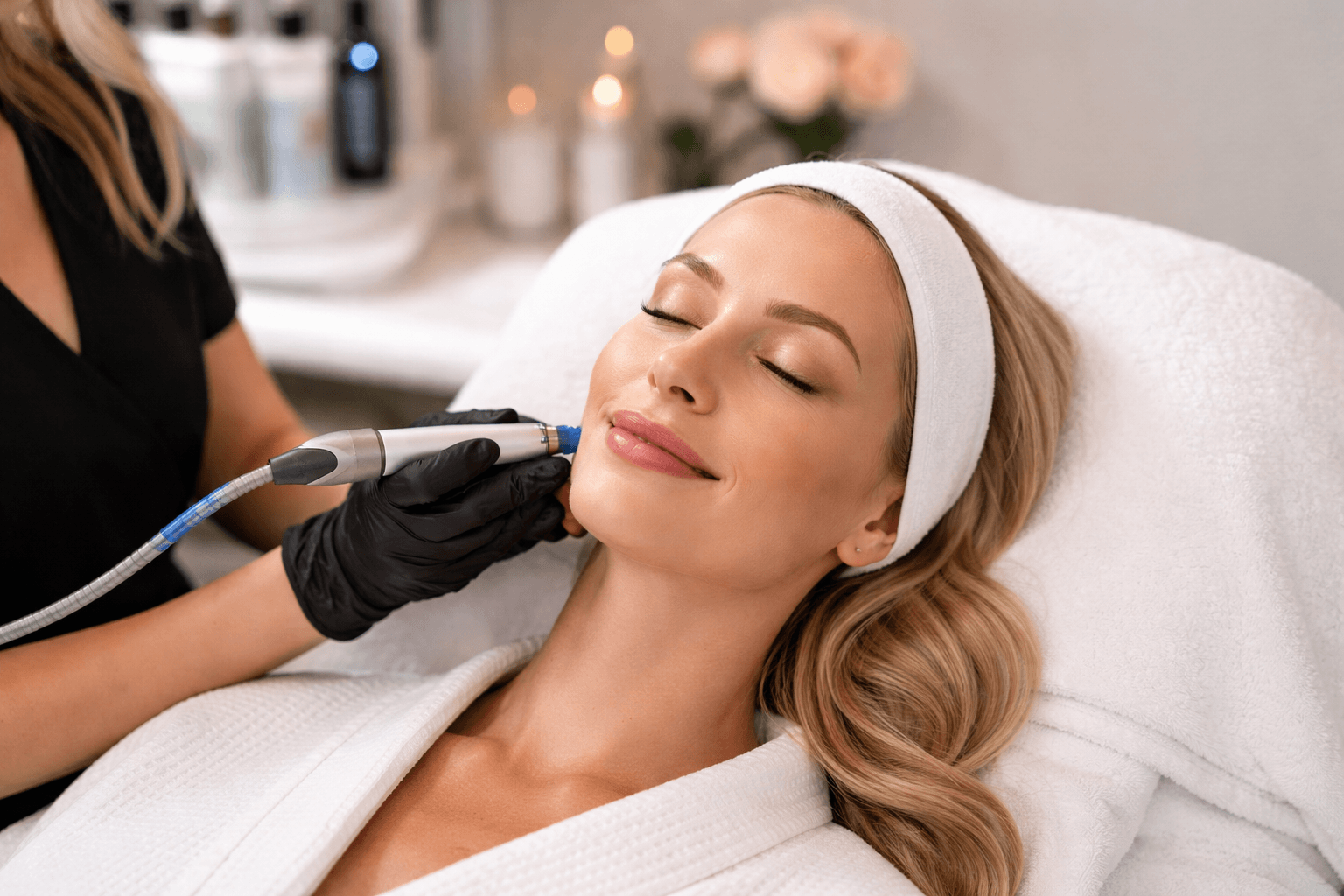Client receiving a HydraFacial in Winter Park, Orlando, Florida at Moonlight Skin Studio for deep cleansing and hydration