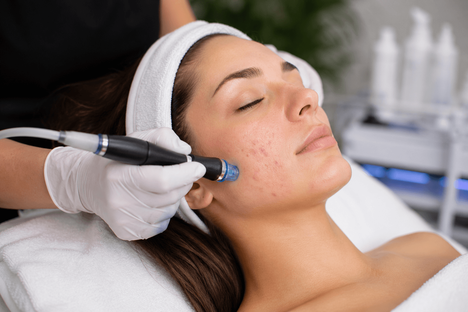 Woman receiving HydraFacial treatment for acne in Orlando, Florida skincare studio
