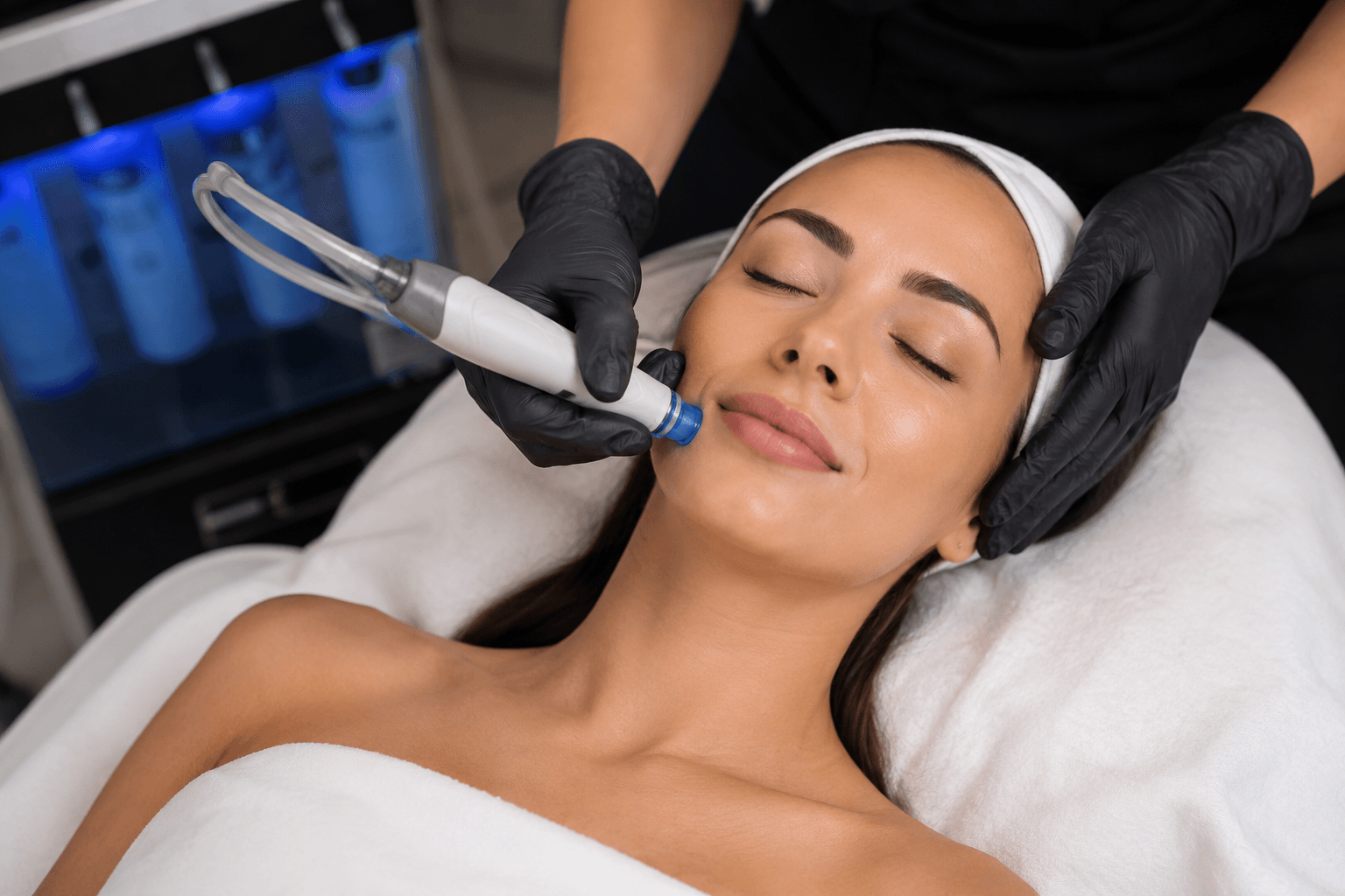 Woman receiving a professional HydraFacial treatment to restore dull skin at a skincare studio in Winter Park, Florida.