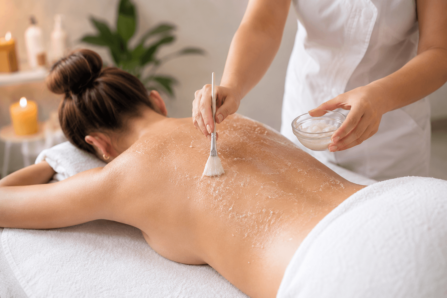 Licensed esthetician performing a professional back facial to cleanse and exfoliate skin for a client in Winter Park, Florida.