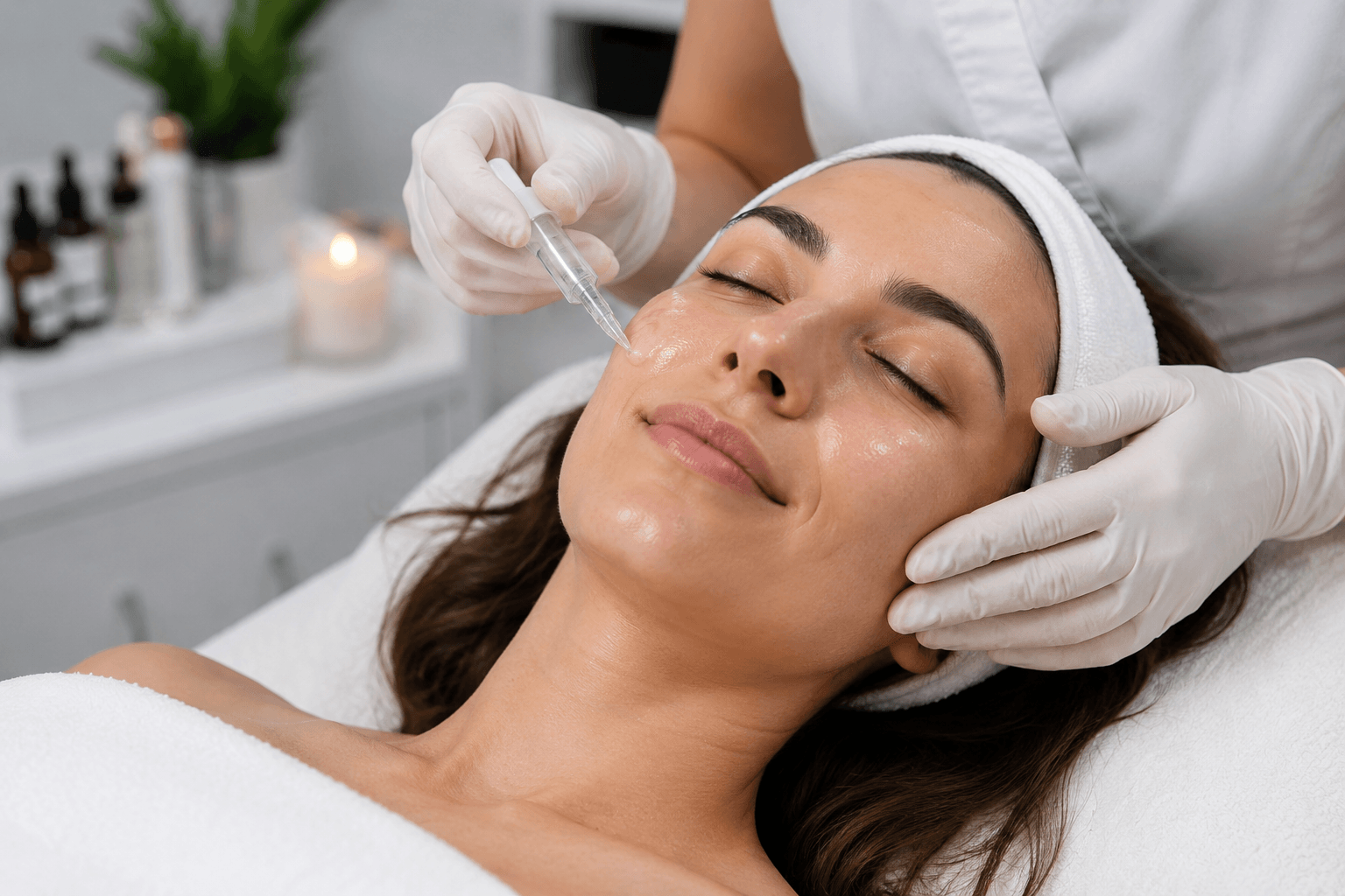 Woman receiving Cellstory Liquid Microneedling treatment to improve skin texture and radiance at a skincare studio in Winter Park, Florida.