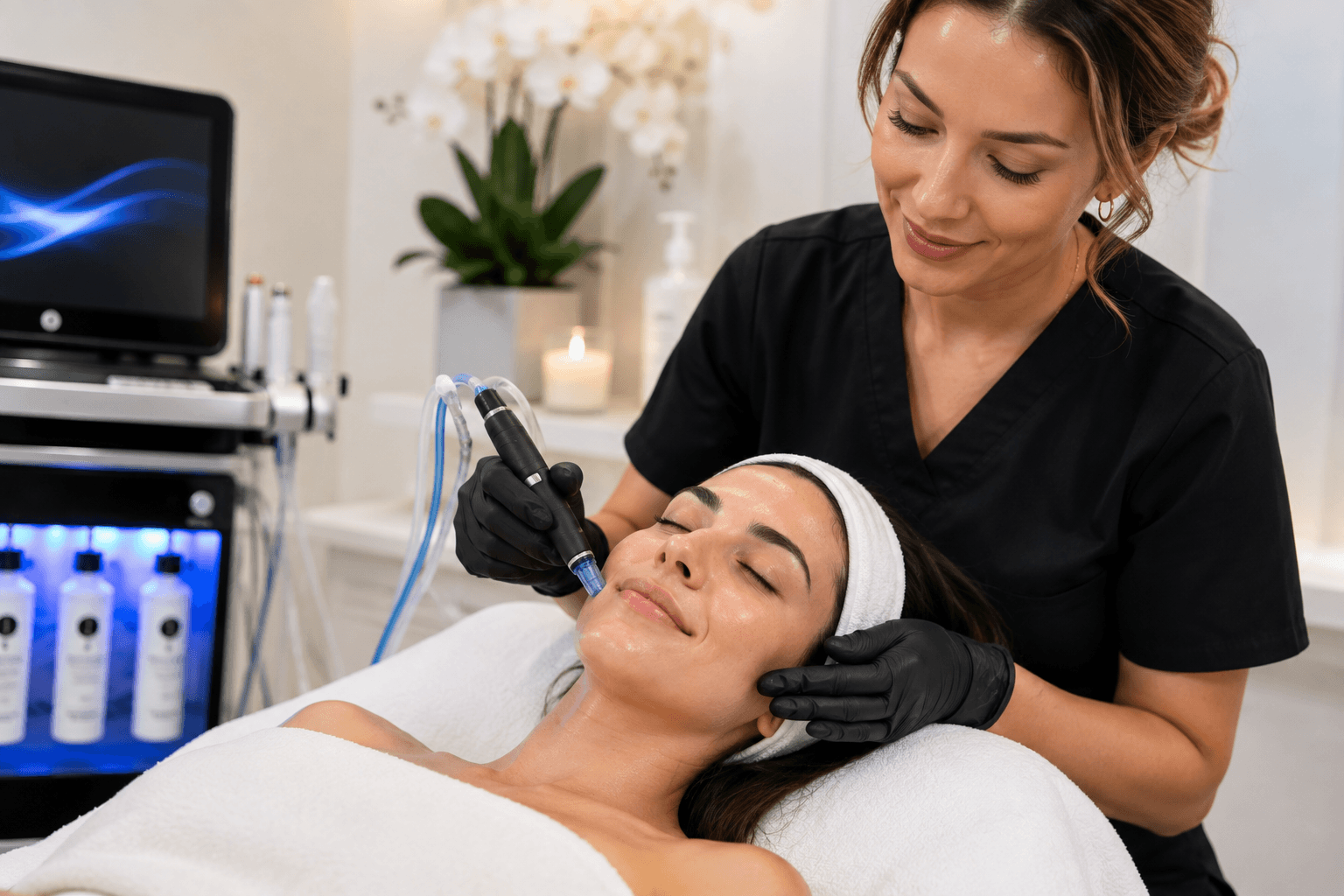 Client receiving a hydrafacial treatment at a skin studio in Winter Park, Florida
