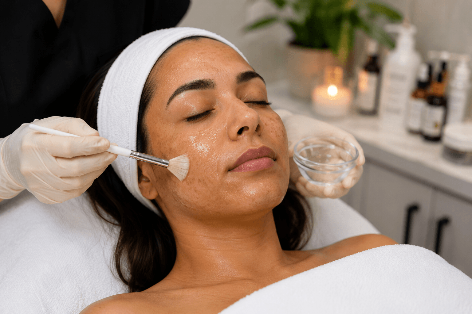 Licensed aesthetician applying a professional chemical peel to improve dark spots and uneven skin tone during a facial treatment in Winter Park, Florida.