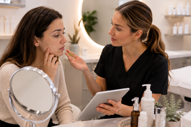 Licensed esthetician examining a client's skin concerns during a consultation in Orlando, Florida