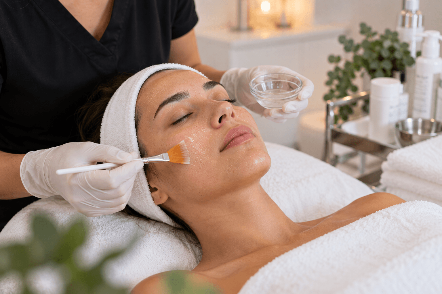 Esthetician performing a professional chemical peel treatment on a client's face in Orlando, Florida